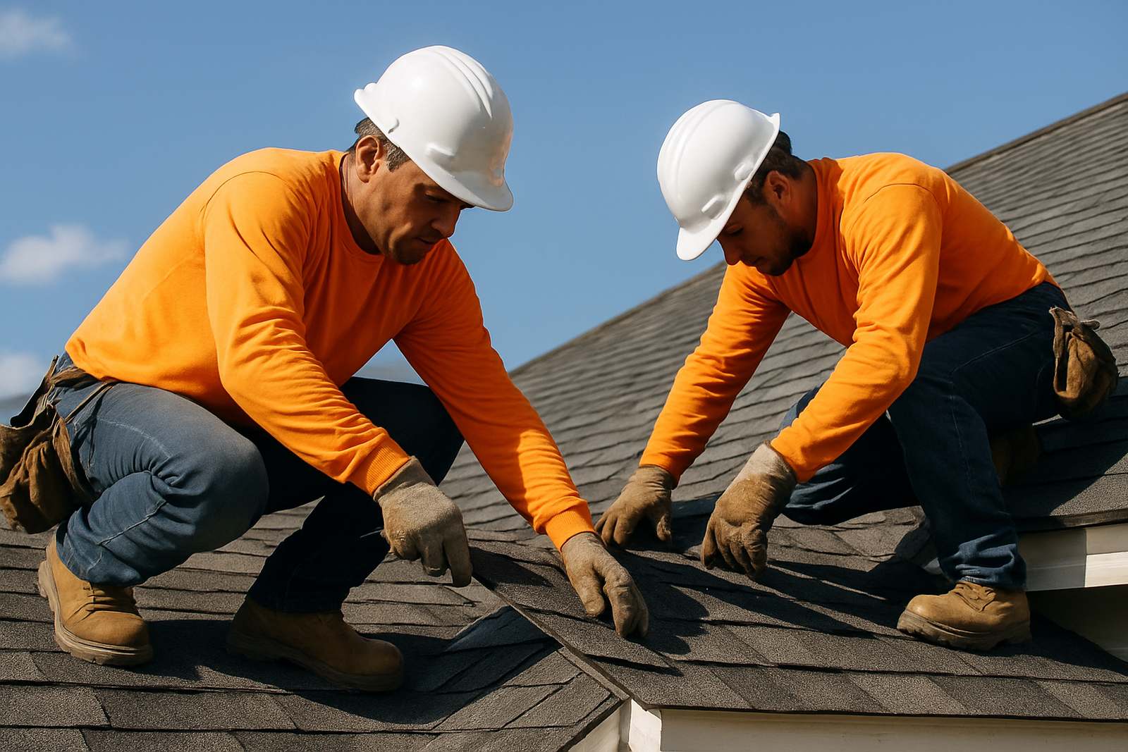 Roofing crew installing shingles on a home in Los Angeles